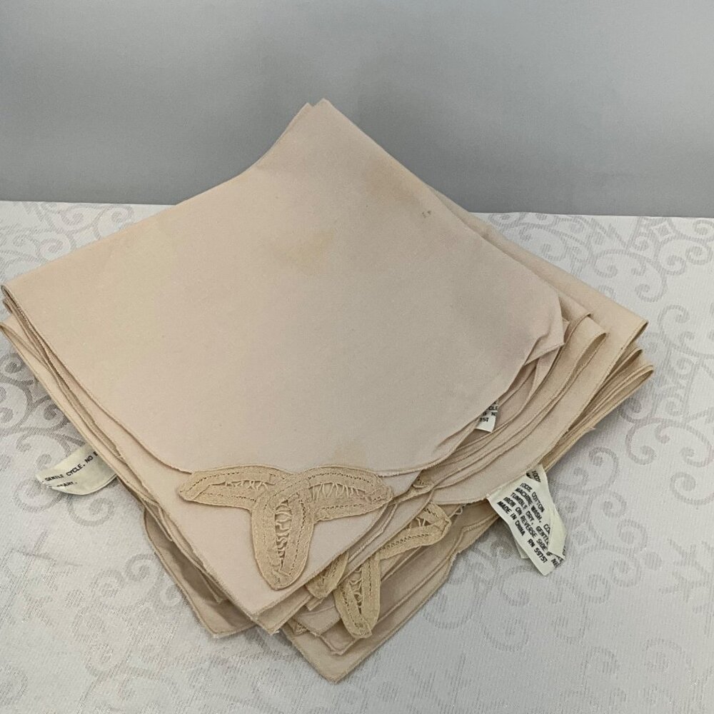 Vintage Beige Cotton Napkins‎ Set Of 8 With Embroidered Corner Details